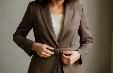 femme ajoutant ceinture à son tailleur