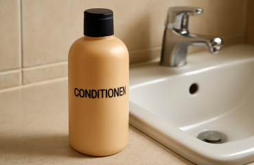 flacon d'après-shampooing posé près d'évier