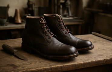 paire de bottines posees sur etabli de cordonnier