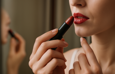 main appliquant rouge a levres devant un miroir