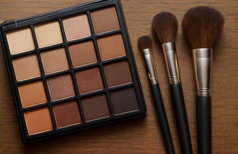 palette mixte de fards et pinceaux ranges