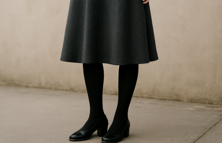 jambes portant jupe midi et collants noirs