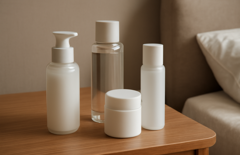 bouteilles de soin leger sur table de chevet