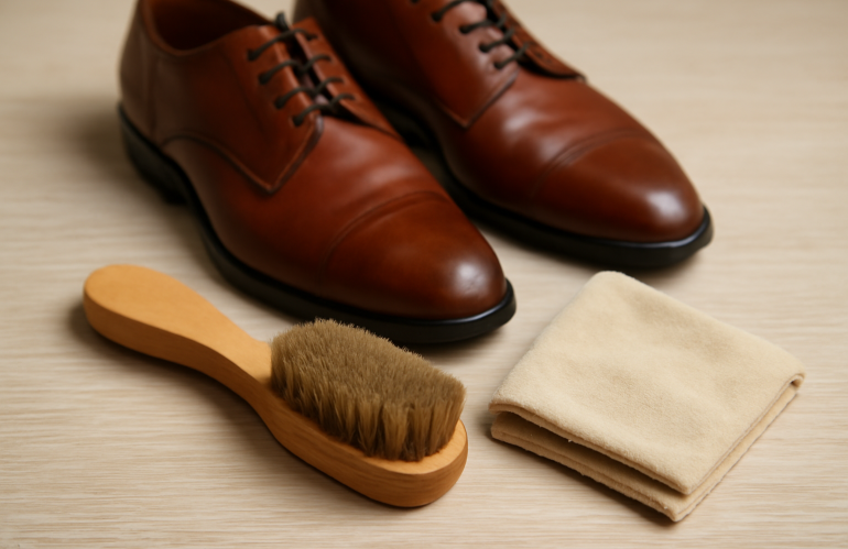brosse et chiffon devant paire de chaussures