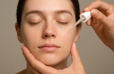 mains appliquant serum sur visage propre