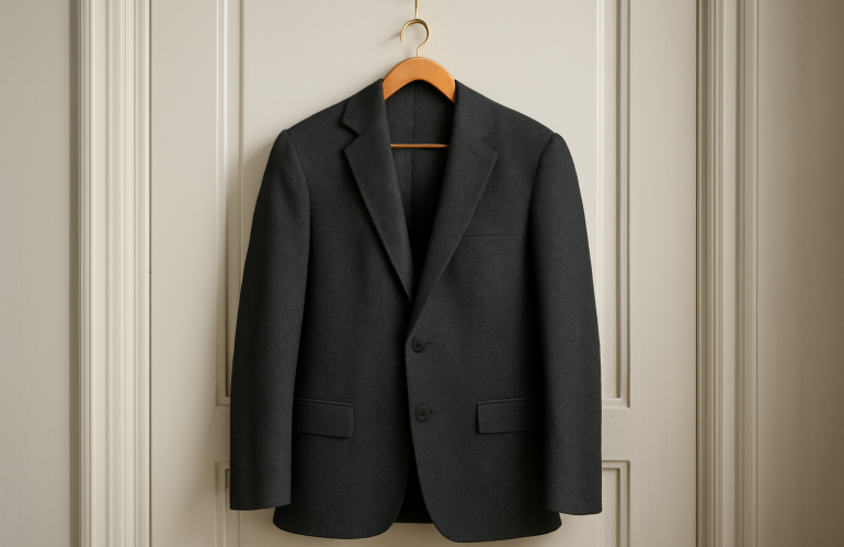 blazer avec motif subtil accroché à porte