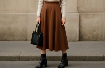 jupe midi portée avec bottines et sac