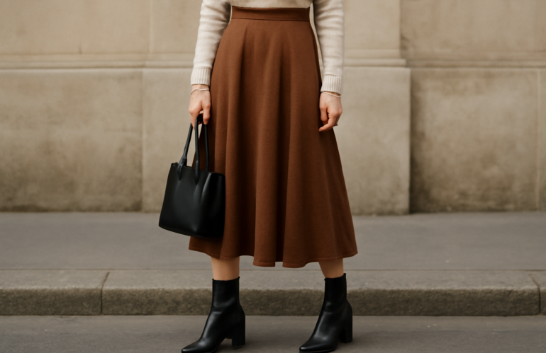 jupe midi portée avec bottines et sac