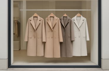 vitrine boutique minimaliste avec manteaux neutres