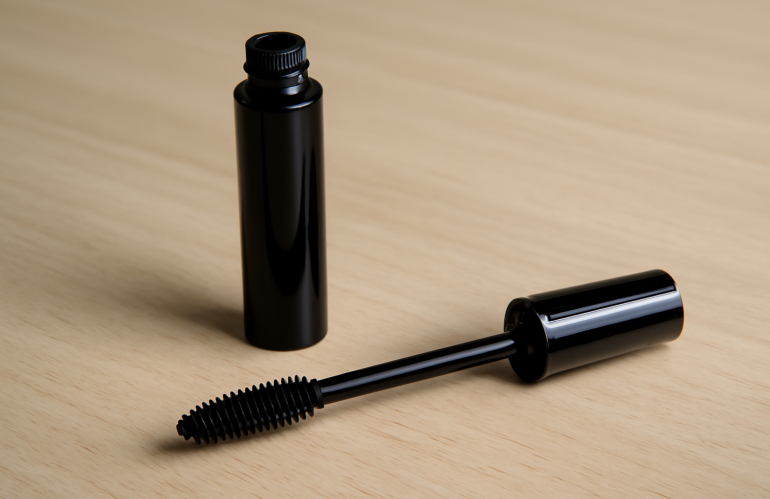 tube de mascara ouvert avec brosse sur table
