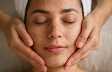 mains appliquant un exfoliant doux sur visage