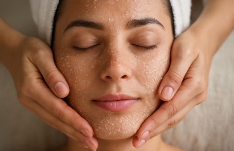mains appliquant un exfoliant doux sur visage