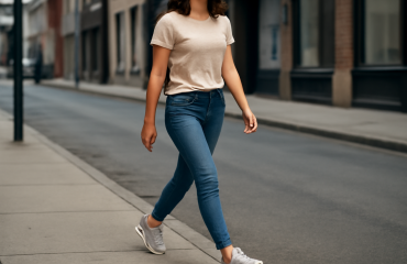 femme marchant en baskets sur trottoir urbain