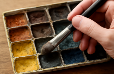 main tenant pinceau estompeur au-dessus d'une palette
