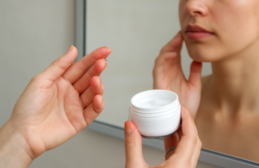 mains appliquant creme visage devant miroir