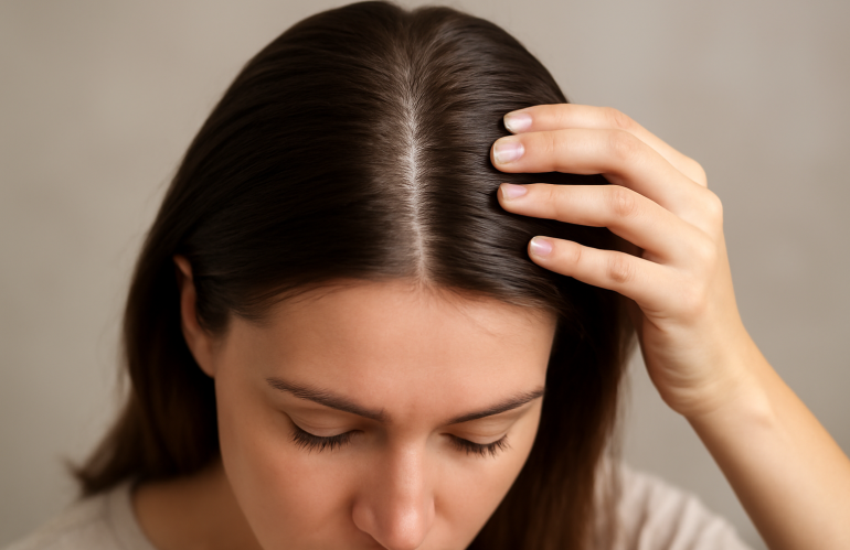 personne touchant racines cheveux propres