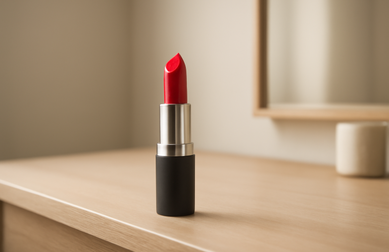 tube de rouge pose sur coiffeuse minimaliste