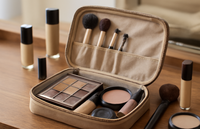 trousse maquillage ouverte sur coiffeuse