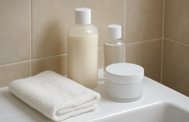 flacons et serviette sur coin de lavabo