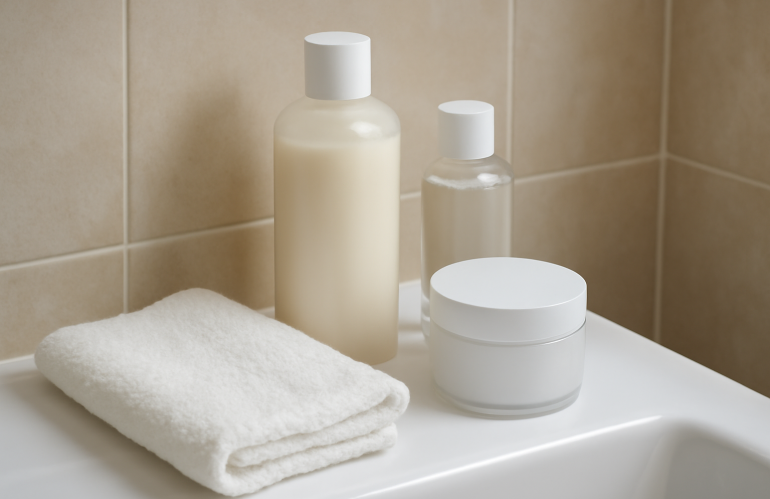 flacons et serviette sur coin de lavabo