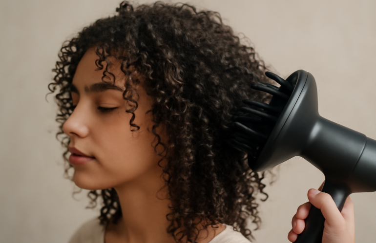 cheveux bouclés en train d'être séchés avec un diffuseur