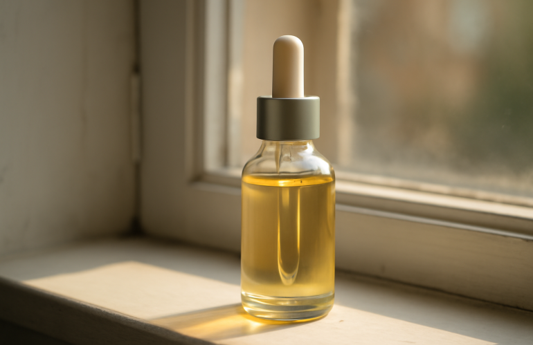 flacon de sérum près d'une fenêtre ensoleillée