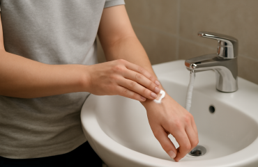 personne appliquant creme sur avant-bras au lavabo