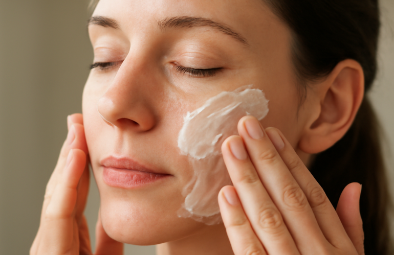 mains appliquant crème apaisante sur visage