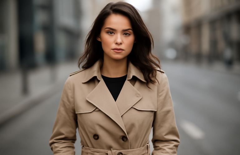 femme portant trench sur fond urbain flou