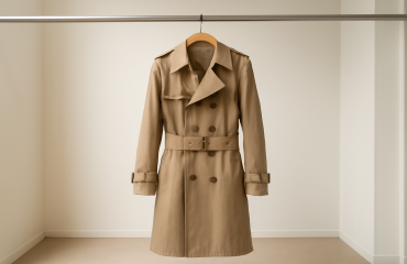 trench suspendu sur cintre dans boutique neutre