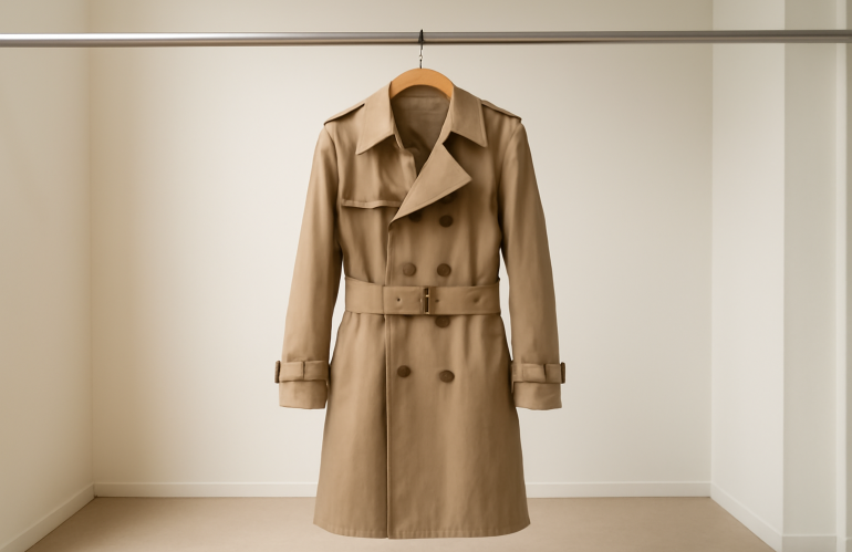 trench suspendu sur cintre dans boutique neutre