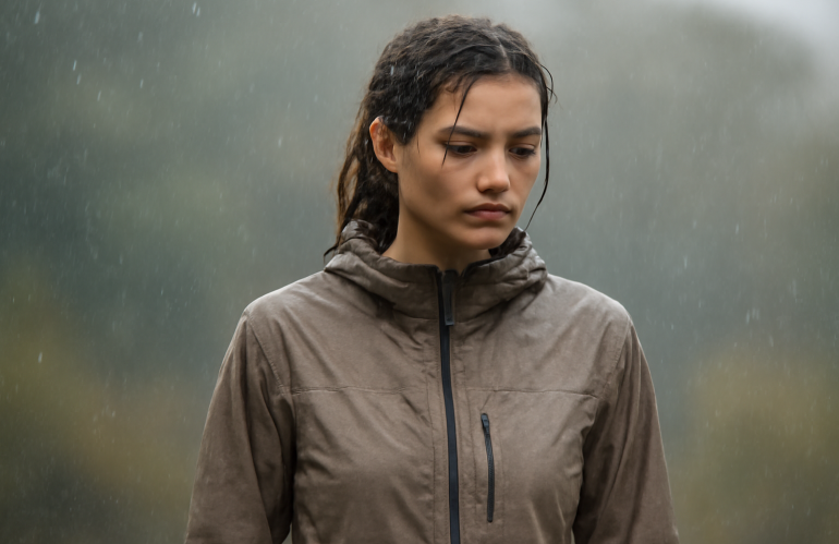 femme portant veste légère sous pluie fine