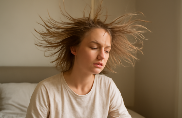 personne secouant cheveux fins au réveil