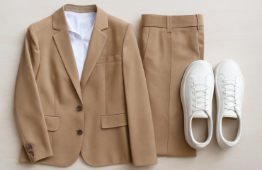 tenue bureau posée à côté de baskets