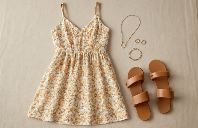 robe d'été posée avec bijoux et sandales