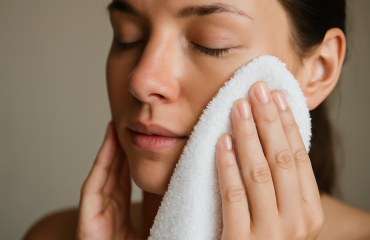 mains tamponnant doucement le visage avec une serviette