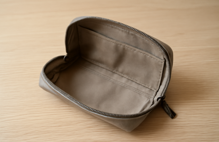 trousse minimaliste ouverte posée sur table