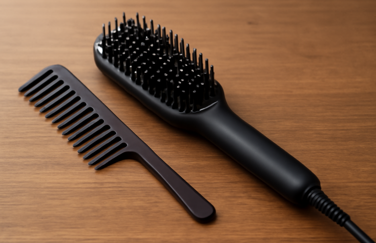 brosse chauffante posée près d'un peigne