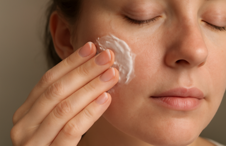 main appliquant crème apaisante sur joue
