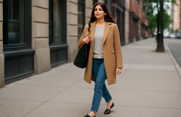 femme marchant sur trottoir urbain avec sac