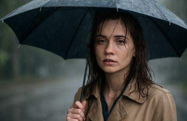 femme abritée sous parapluie cheveux humides