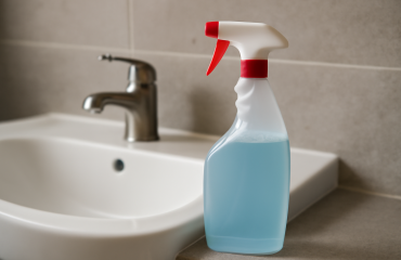 flacon de nettoyant posé près d'un lavabo