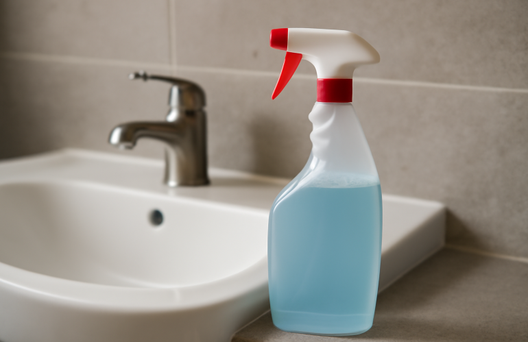 flacon de nettoyant posé près d'un lavabo