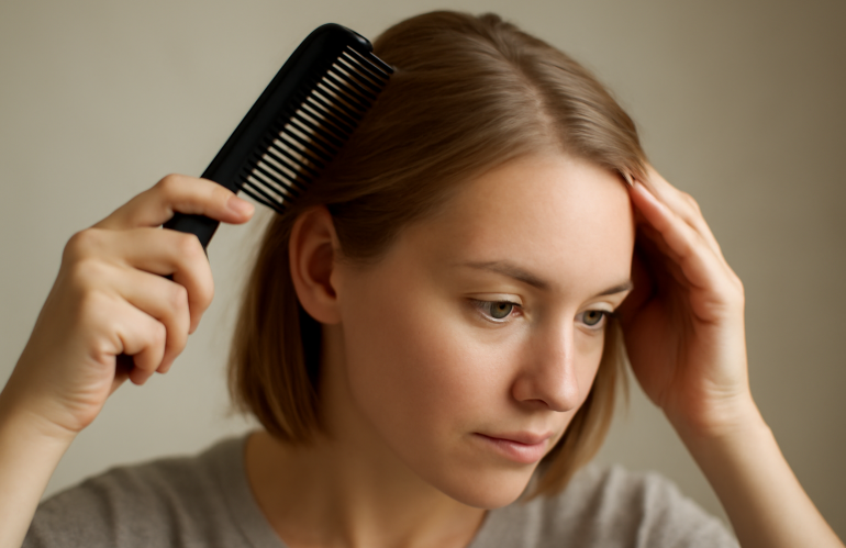 femme coiffant cheveux fins au peigne
