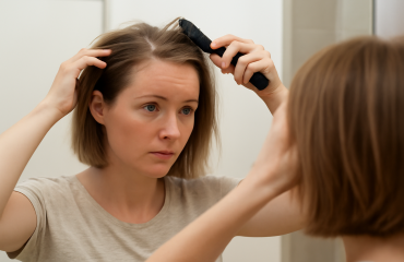 femme coiffant cheveux fins devant miroir