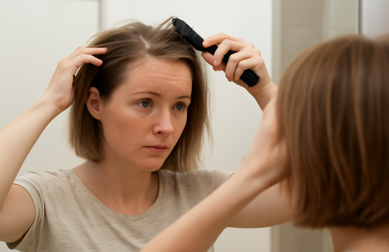 femme coiffant cheveux fins devant miroir