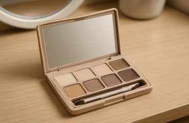 palette compacte neutre posée sur coiffeuse