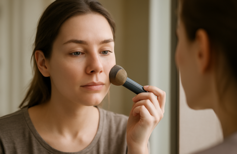 femme estompant maquillage visage devant miroir