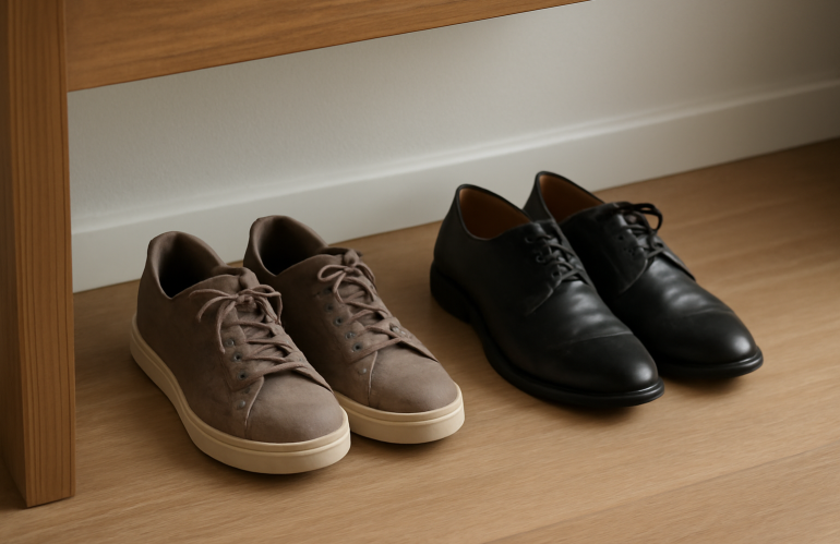 deux paires de chaussures alignées près d'un bureau