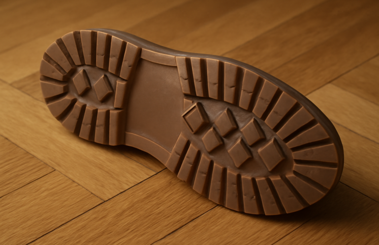 semelle d'une chaussure posée sur parquet